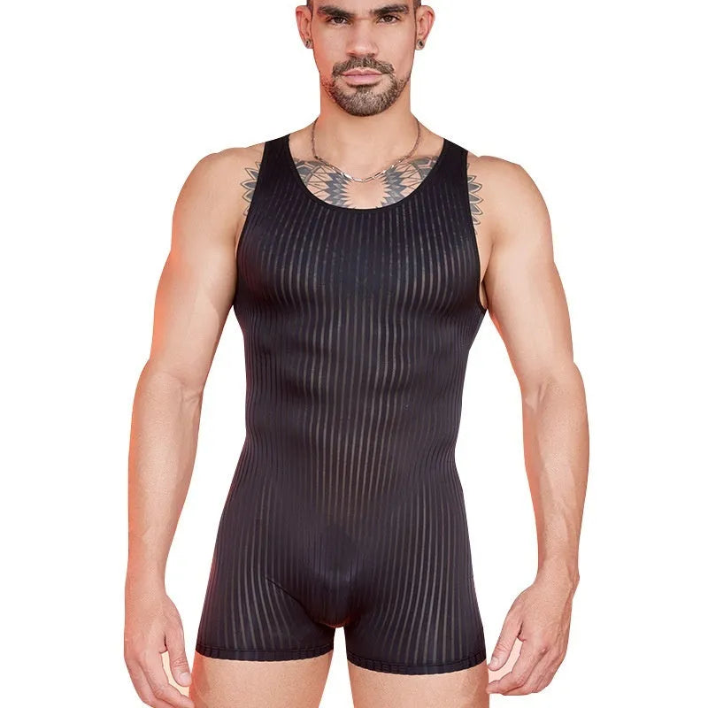 Men's striped nylon jumpsuit in black colour with wide vertical bar pattern, lightweight breathable fabric