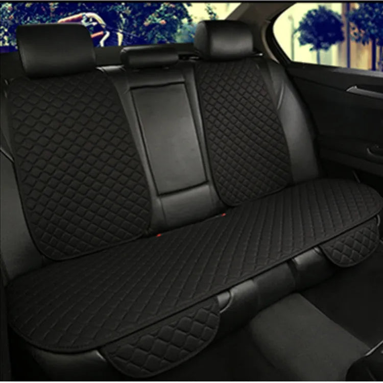 Linen car seat cushion with removable elastic straps shown in multiple colour options including warm cream, coffee, and Lafite red
