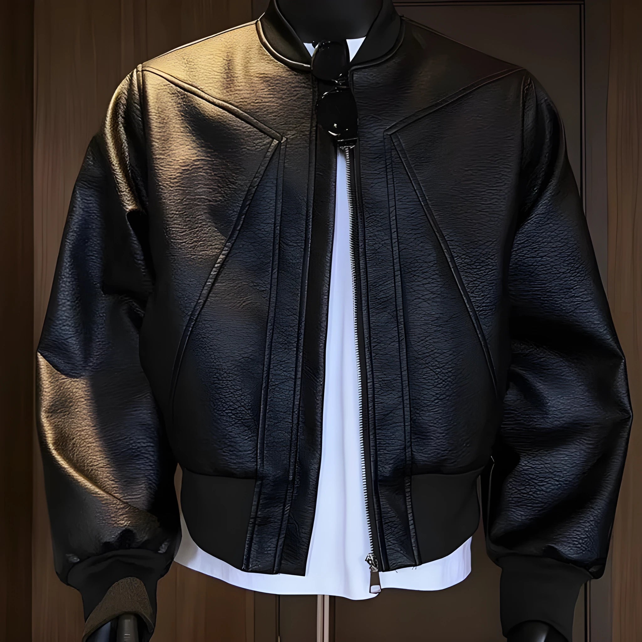 Men's black PU leather business jacket with extended length and slim-fit tailoring on hanger