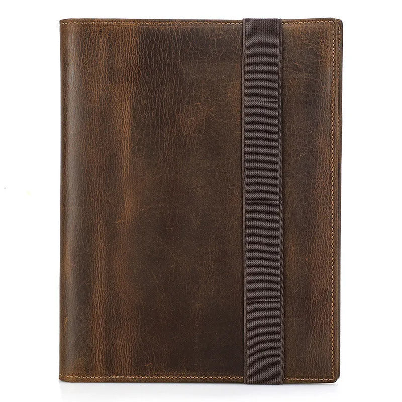 Brown Crazy Horse leather A5 notebook protective sleeve with multiple storage compartments