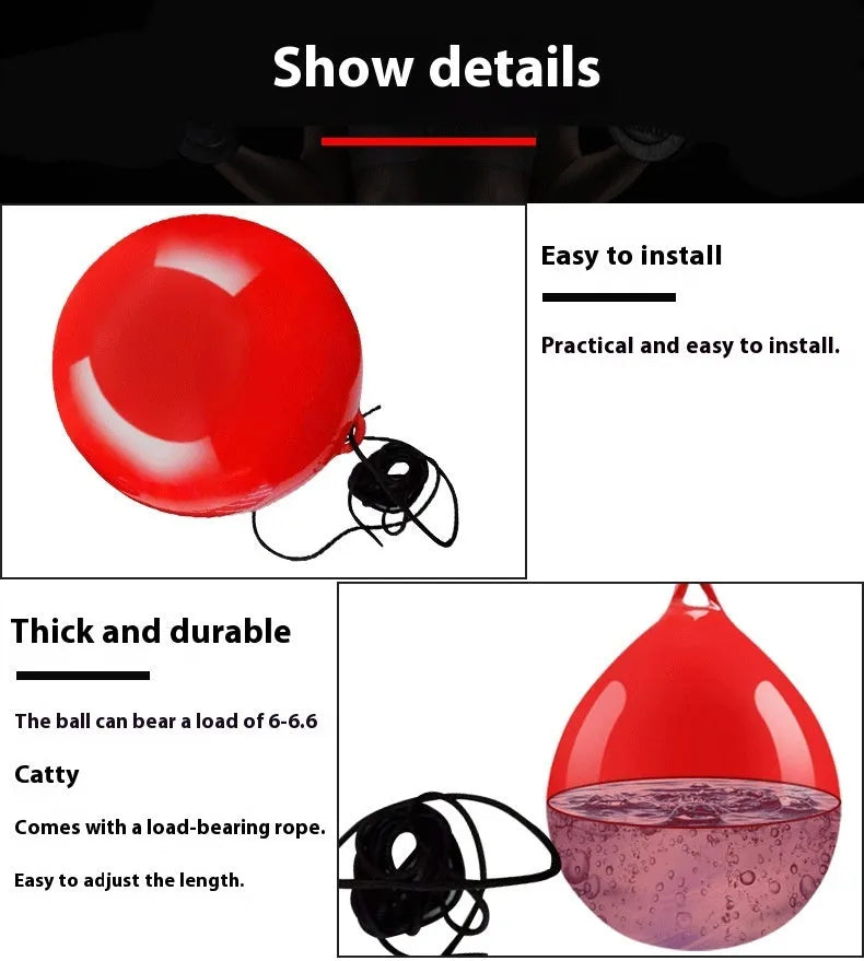 Red PVC water-filled boxing reaction ball with black hook rope sling for speed training.