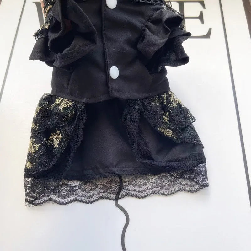 Golden gothic princess skirt costume on a small dog, showing the pet clothing design.