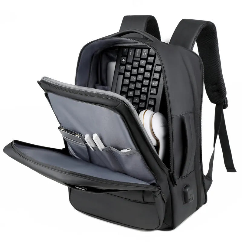 Black waterproof Oxford cloth backpack with Derm leather details and curved shoulder strap