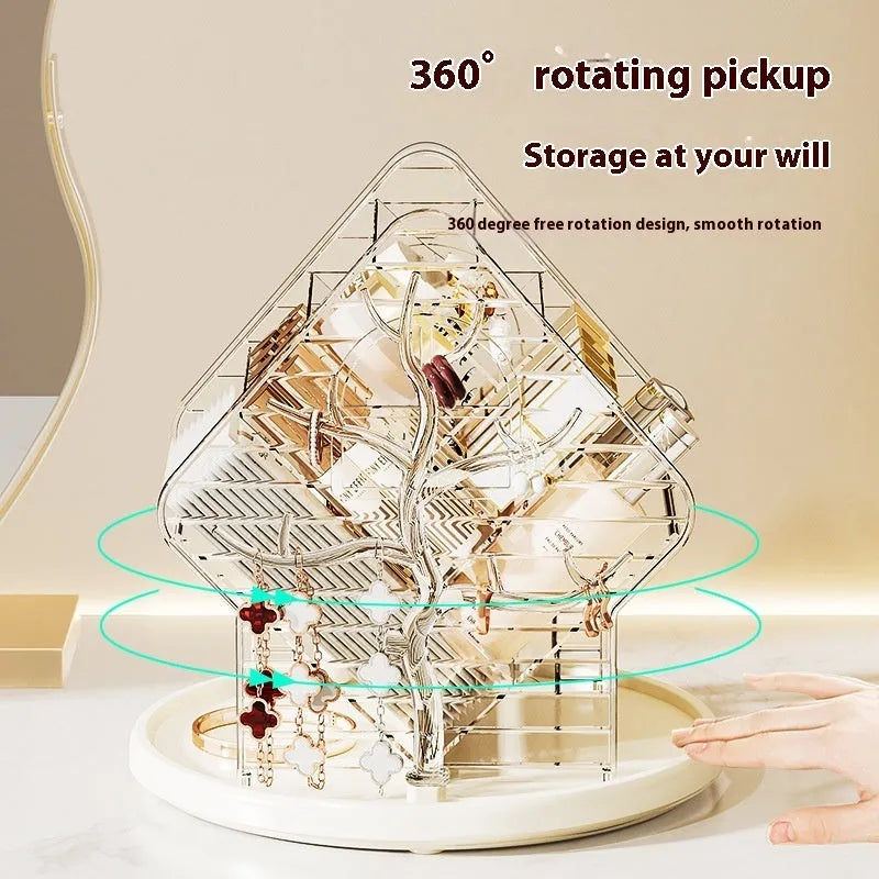 Rotating clear plastic cosmetics storage box with compartments on a 360-degree spinning base.