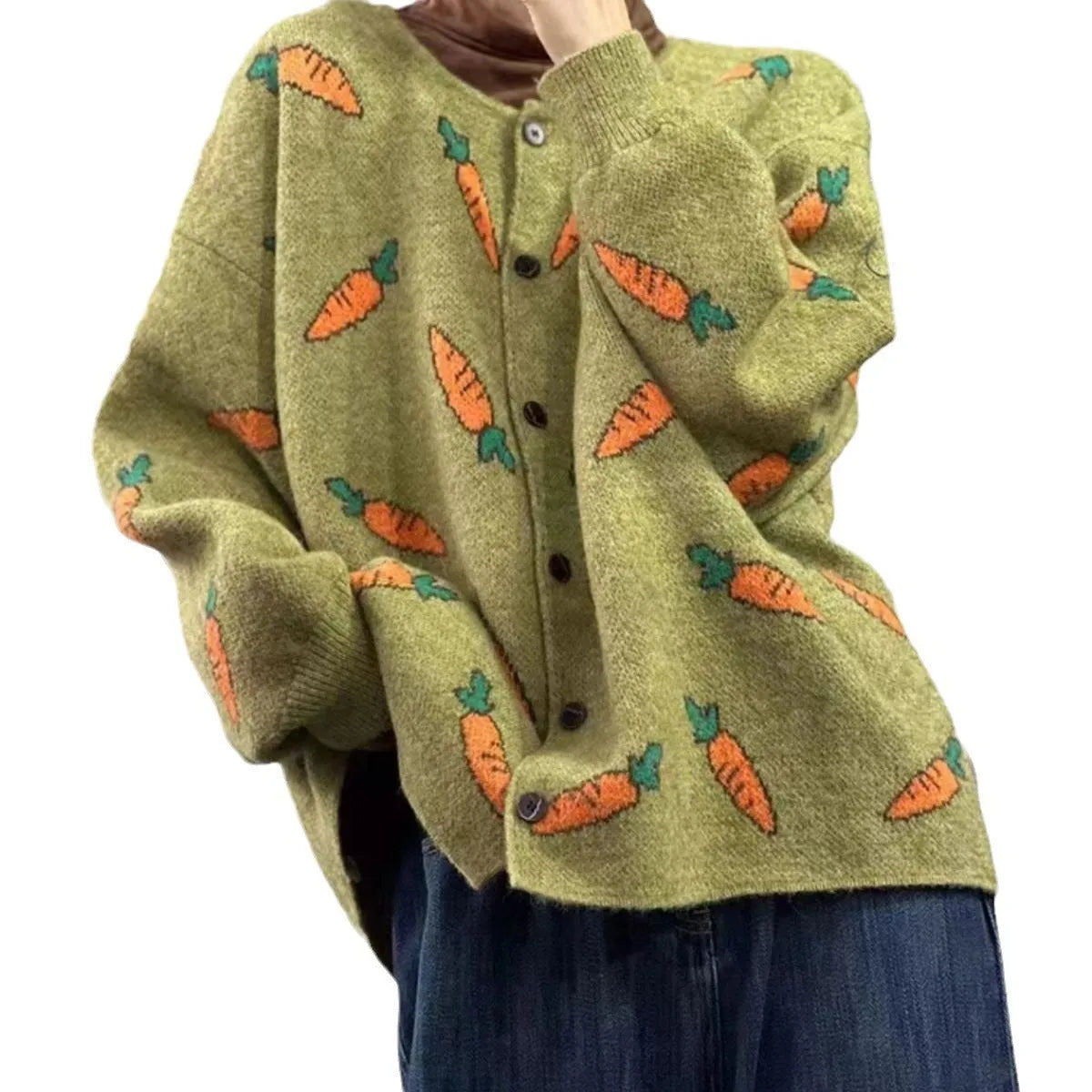 Round neck artistic print cardigan in contrasting colours with a loose fit