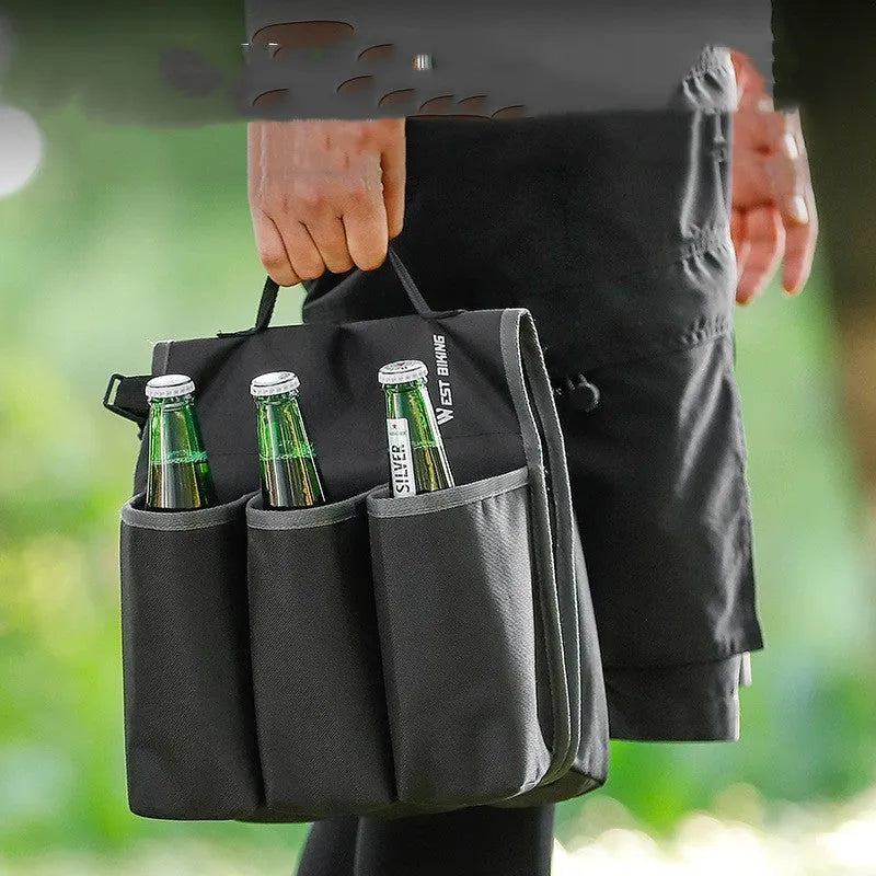 Black and orange double-sided bicycle beverage bag mounted on bike shelf with 2L capacity