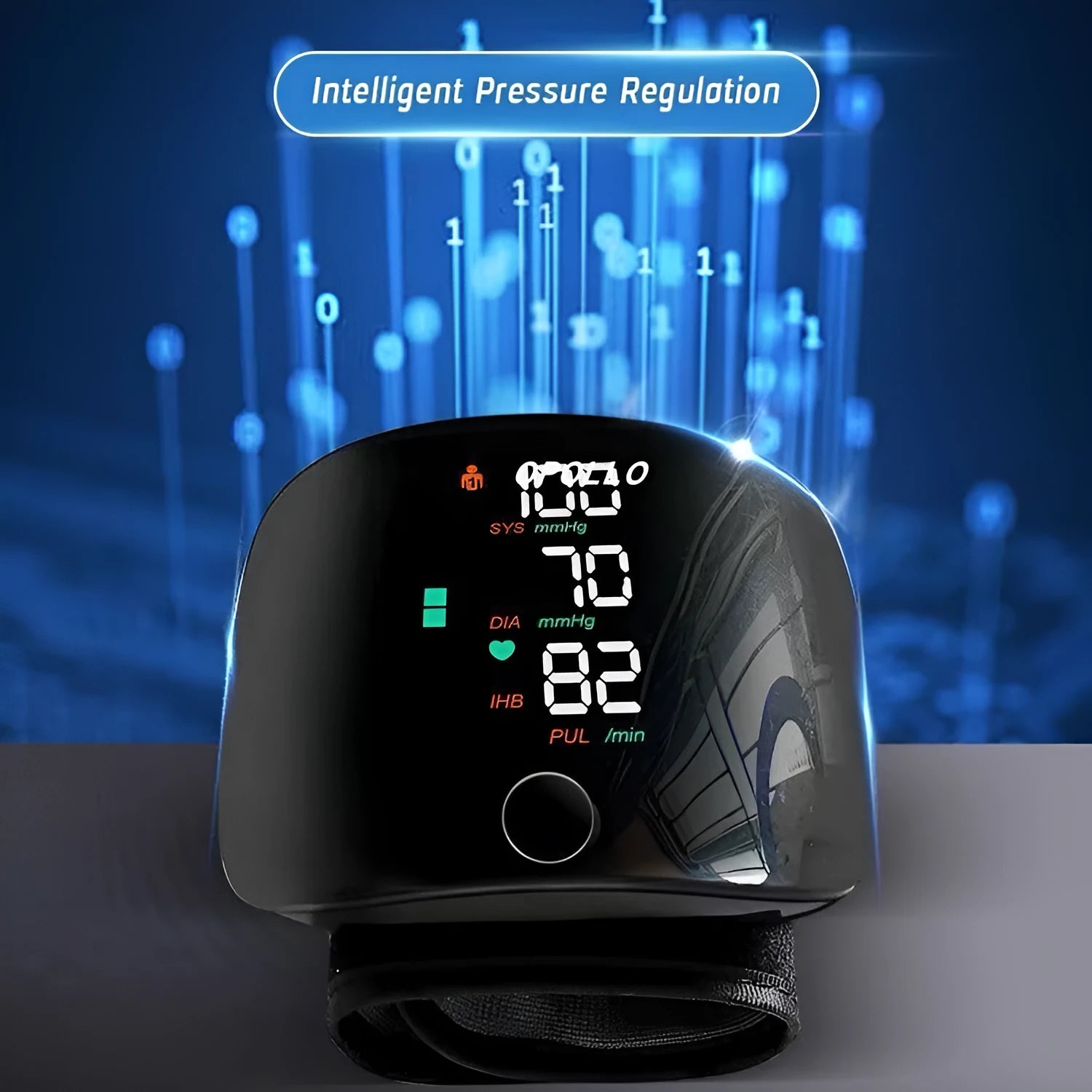 Black wrist blood pressure monitor with USB charging cable and multilingual voice options.