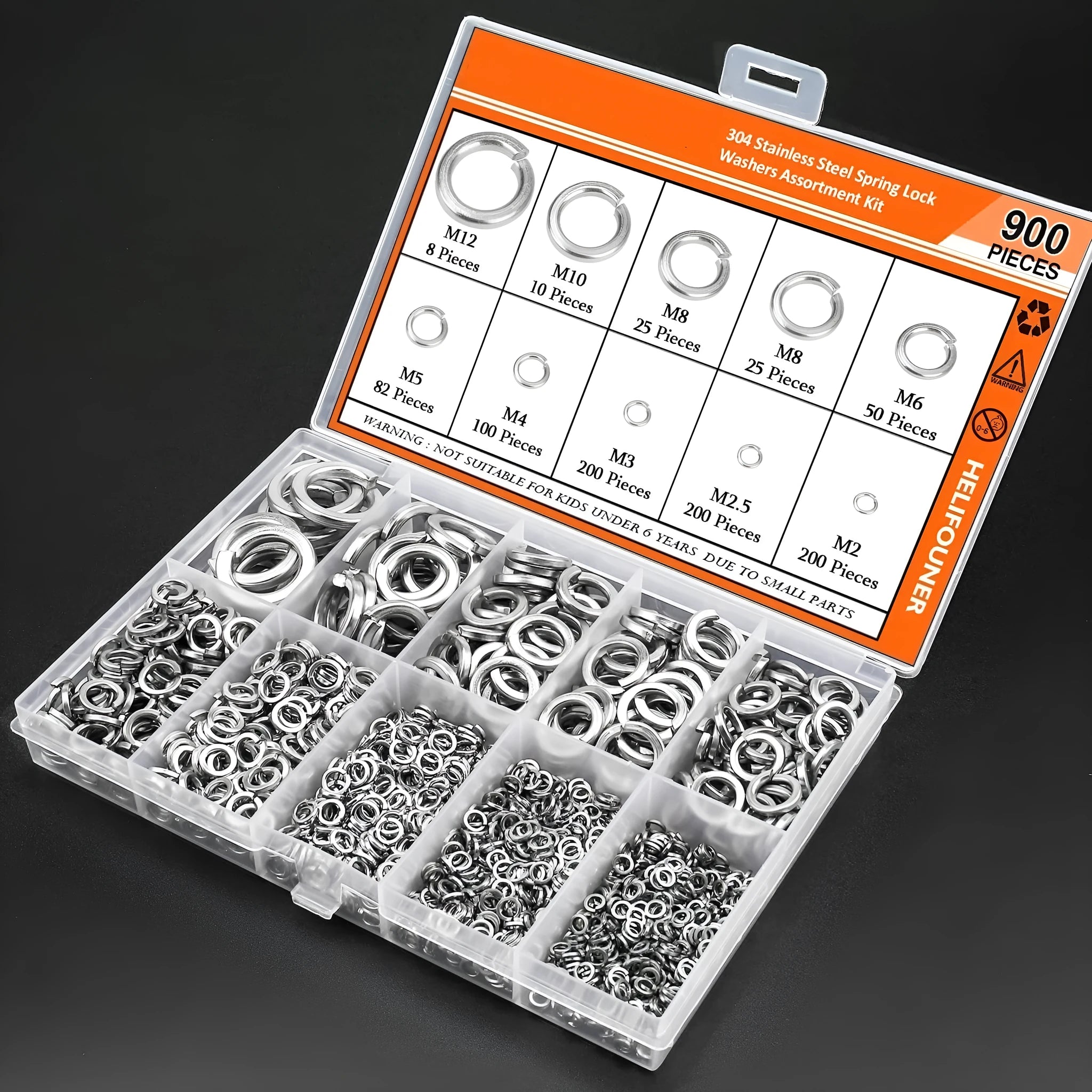 304 stainless steel spring lock washer combination box containing 900 pieces with sizes ranging from 2mm to 12mm