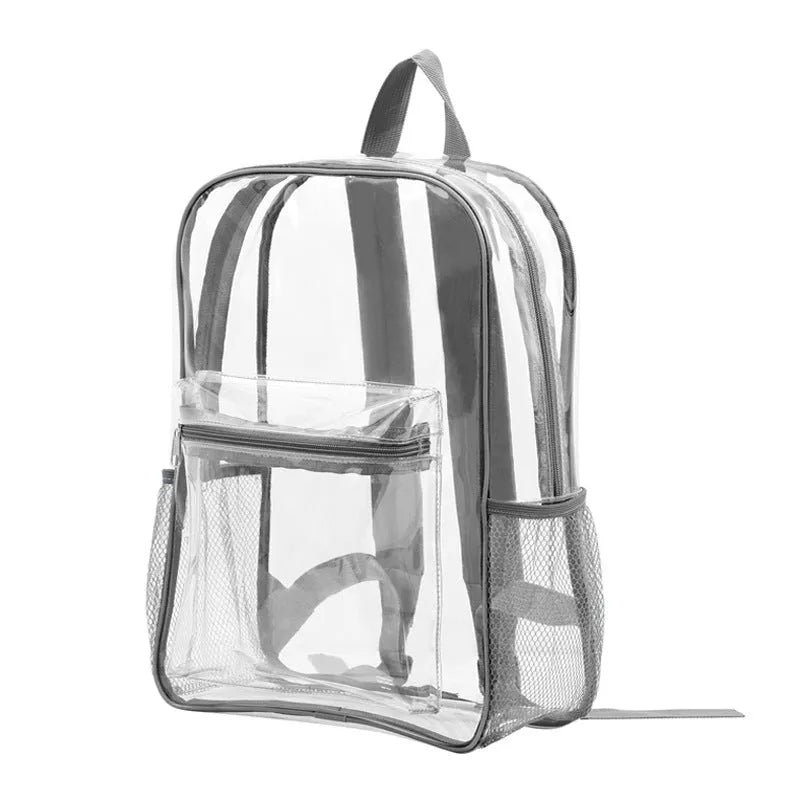 Transparent PVC travel backpack showing visible contents through clear material