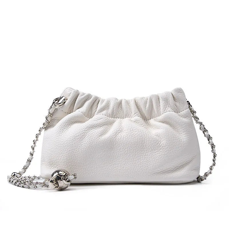 Women's soft leather dumpling-shaped crossbody bag in grey with a single strap