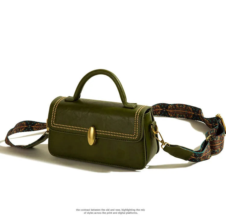 Women's retro messenger bag in square vertical design with sandwich pocket and internal phone compartment