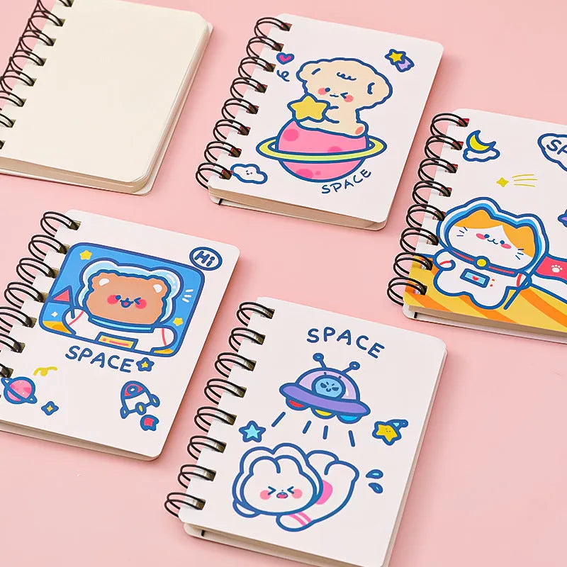 Astronaut flipped pocket notebook showing 10.5x8cm size and space-themed cover options.