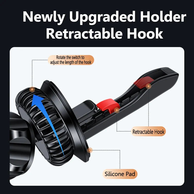 Black air vent magnetic phone holder mounted in car