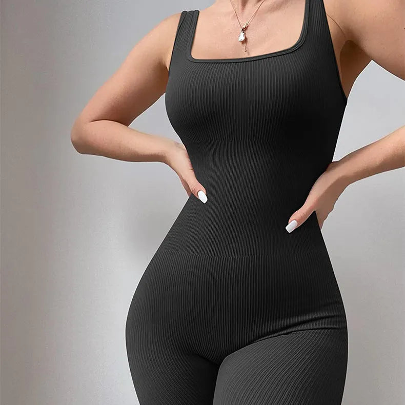 Women's beige suspender tank top tights with long sleeves and adjustable button straps on waist.