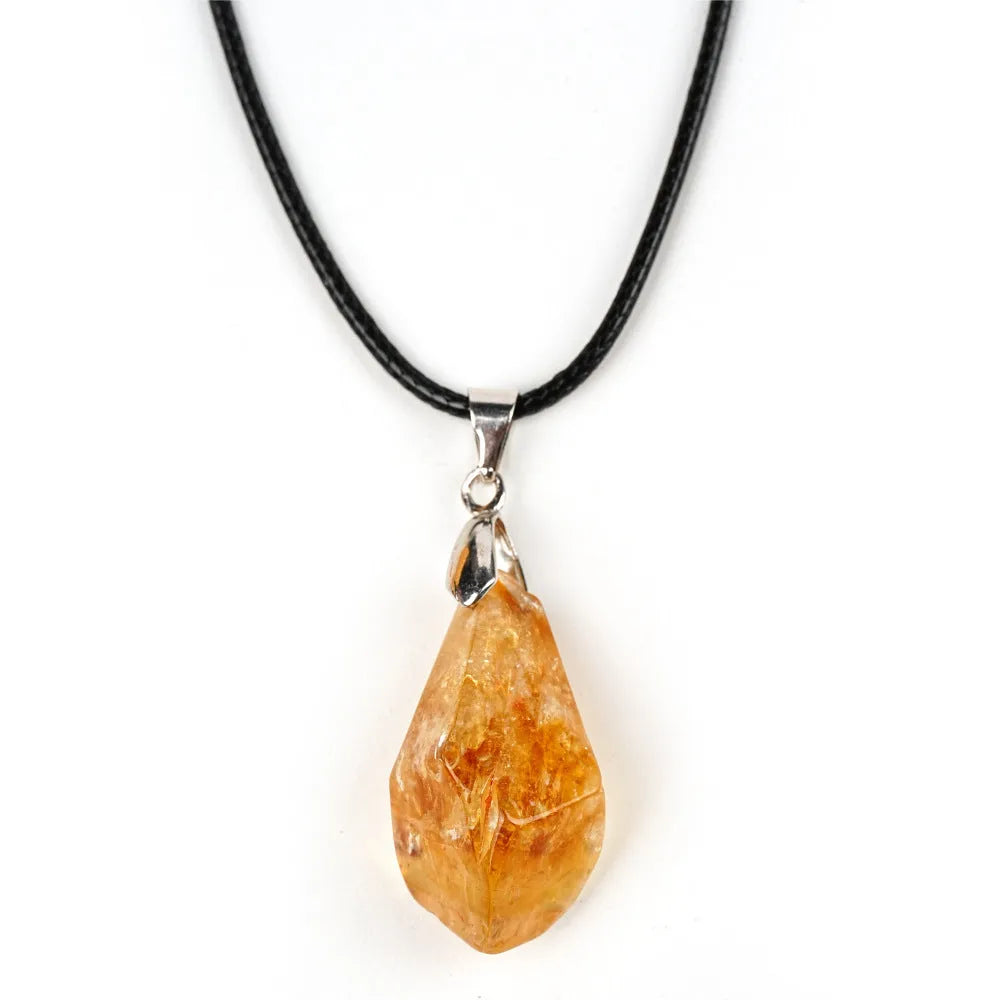 Natural citrine cluster pendant necklace with polished yellow tower crystal geometric drop on leather rope
