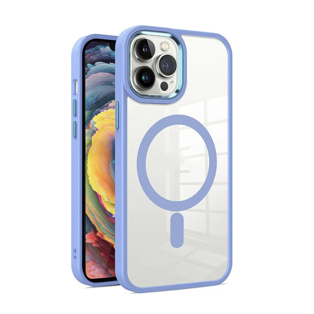 A transparent magnetic silicone phone case for iPhone on a table, shown in a solid colour option.