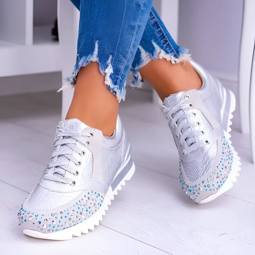 Plus size women's sports running shoes with rhinestone decoration, solid colour artificial PU upper, lace-up front, low wedge heel, black