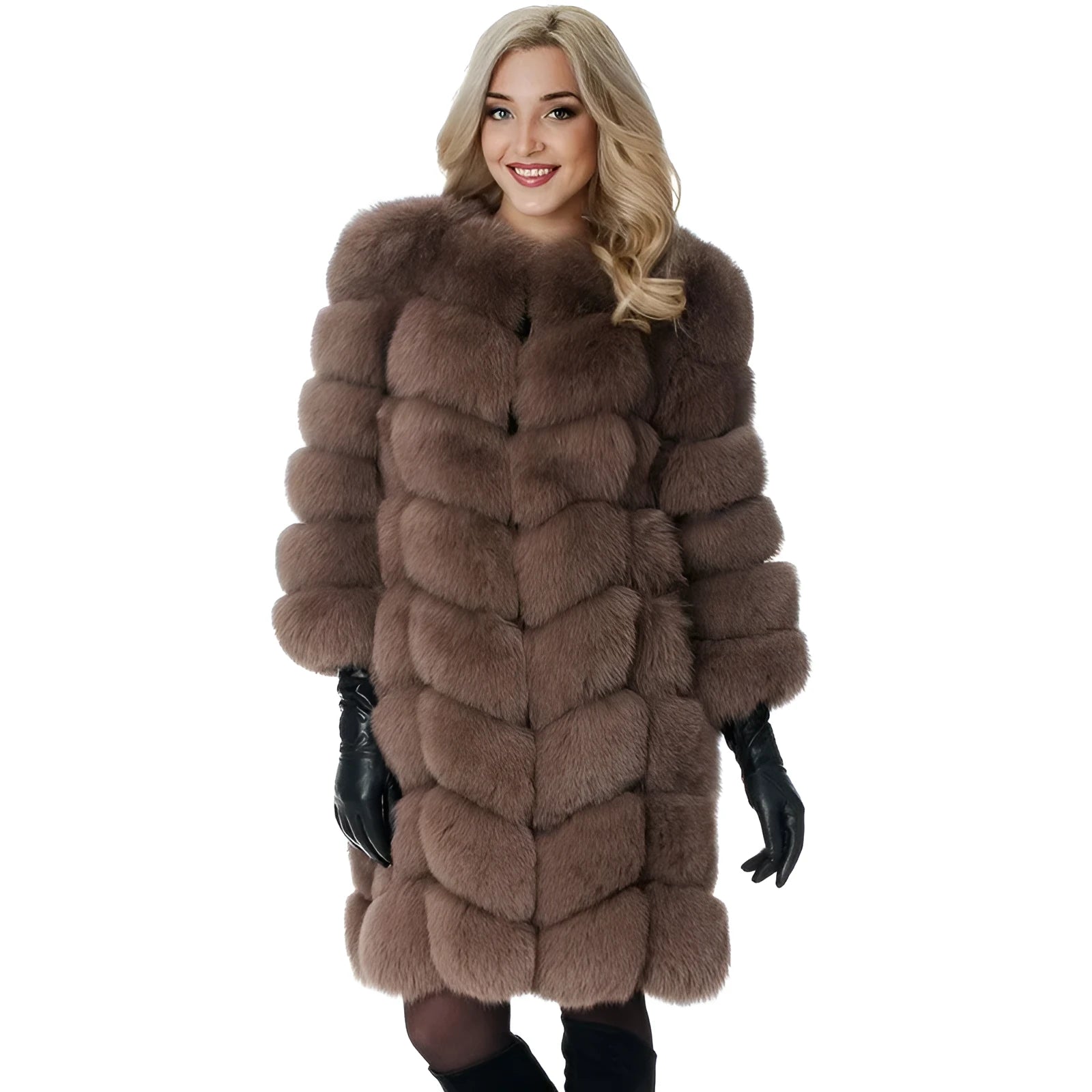Women's thick artificial fur coat in wine red colour showing full 80cm length and regular sleeves
