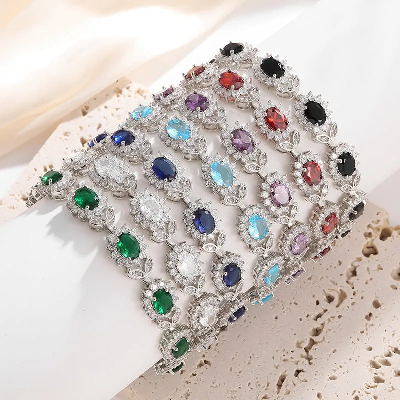 Women's simple zircon bracelet in environmentally friendly alloy with electroplated finish, available in nine gemstone colours