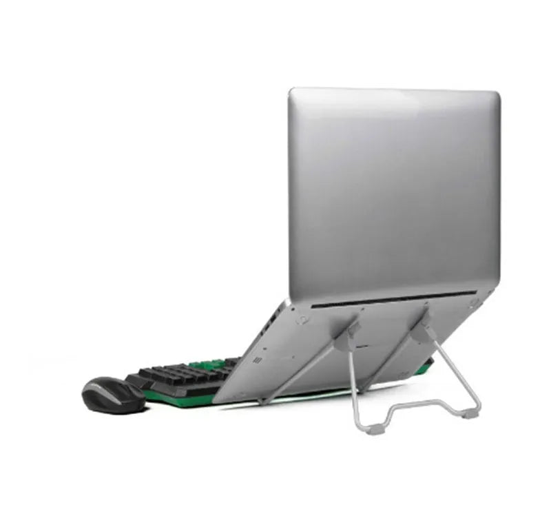 Grey aluminium alloy mobile phone and laptop stand on wooden desk