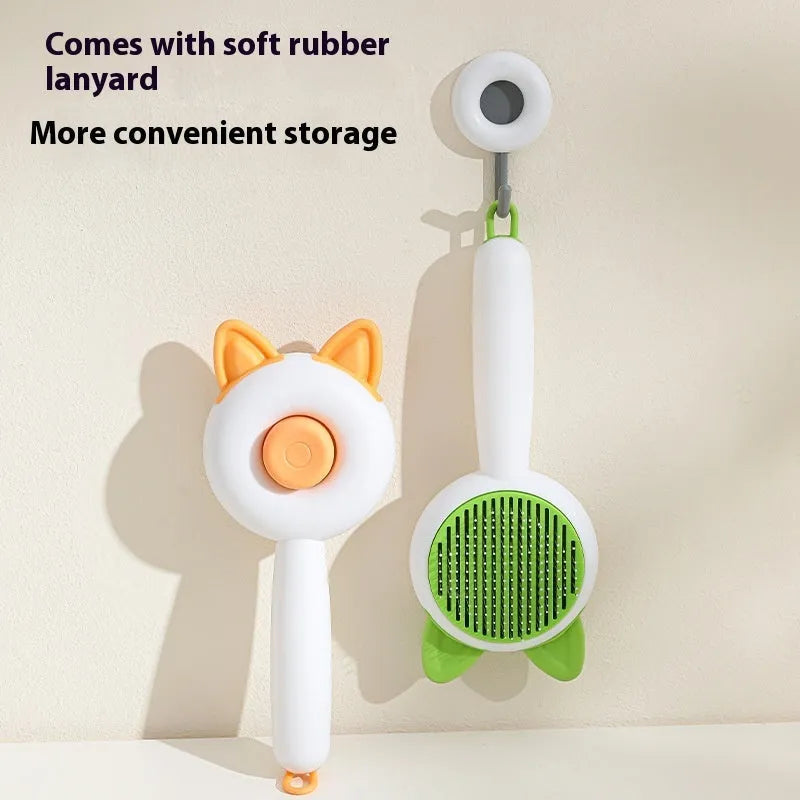 Self-cleaning pet grooming comb with massage function in greenish white or orange white colour options