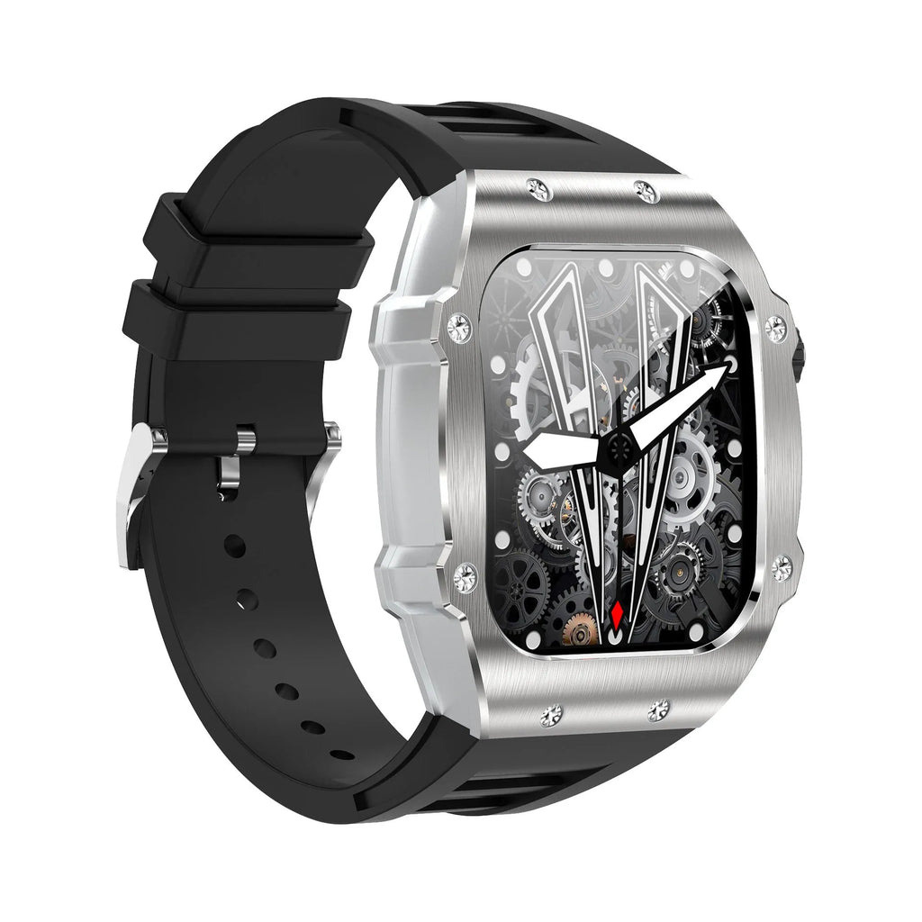 Men's smart watch with 1.91 inch IPS screen showing heart rate monitoring in white frame with black strap