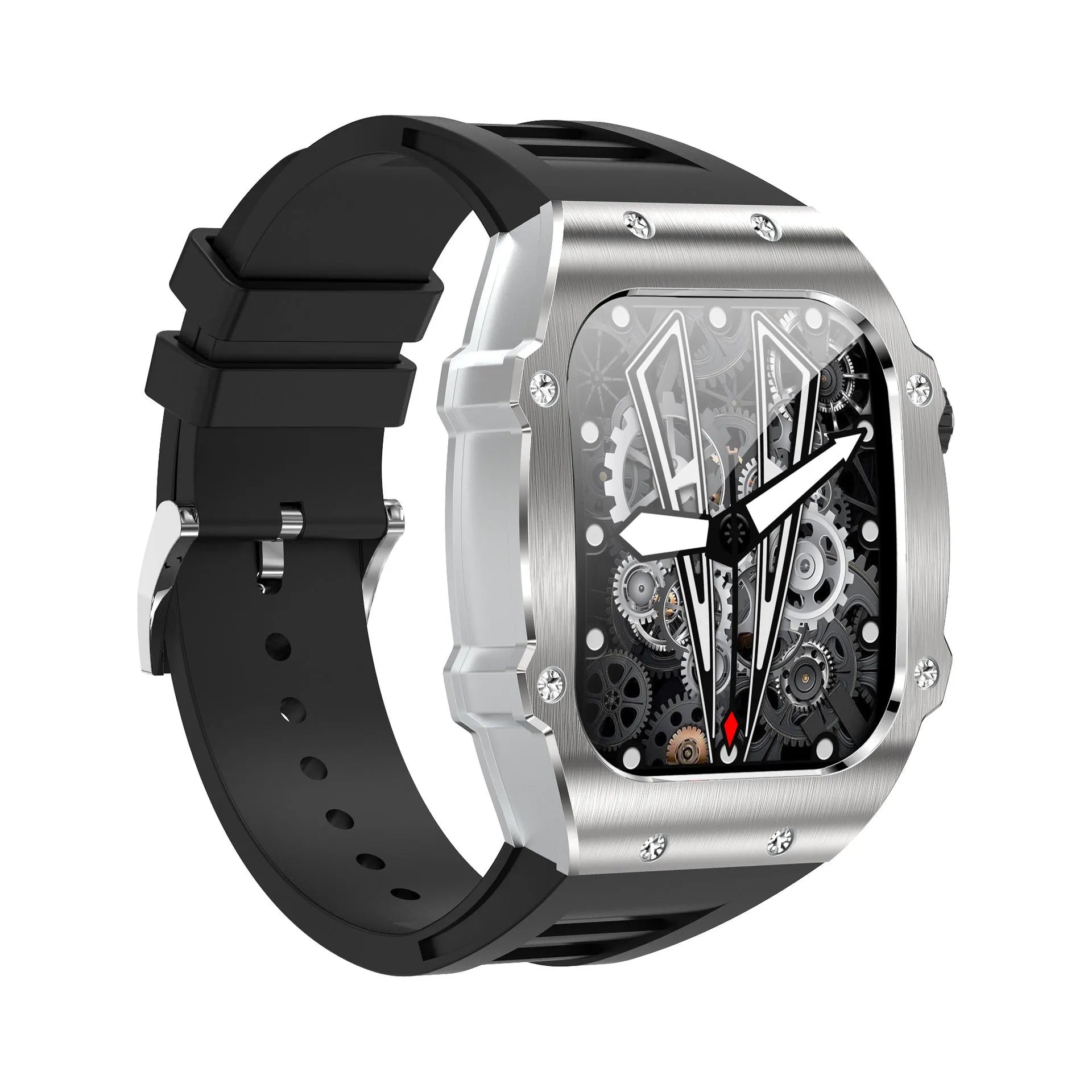 Men's smart watch with 1.91 inch IPS screen showing heart rate monitoring in white frame with black strap