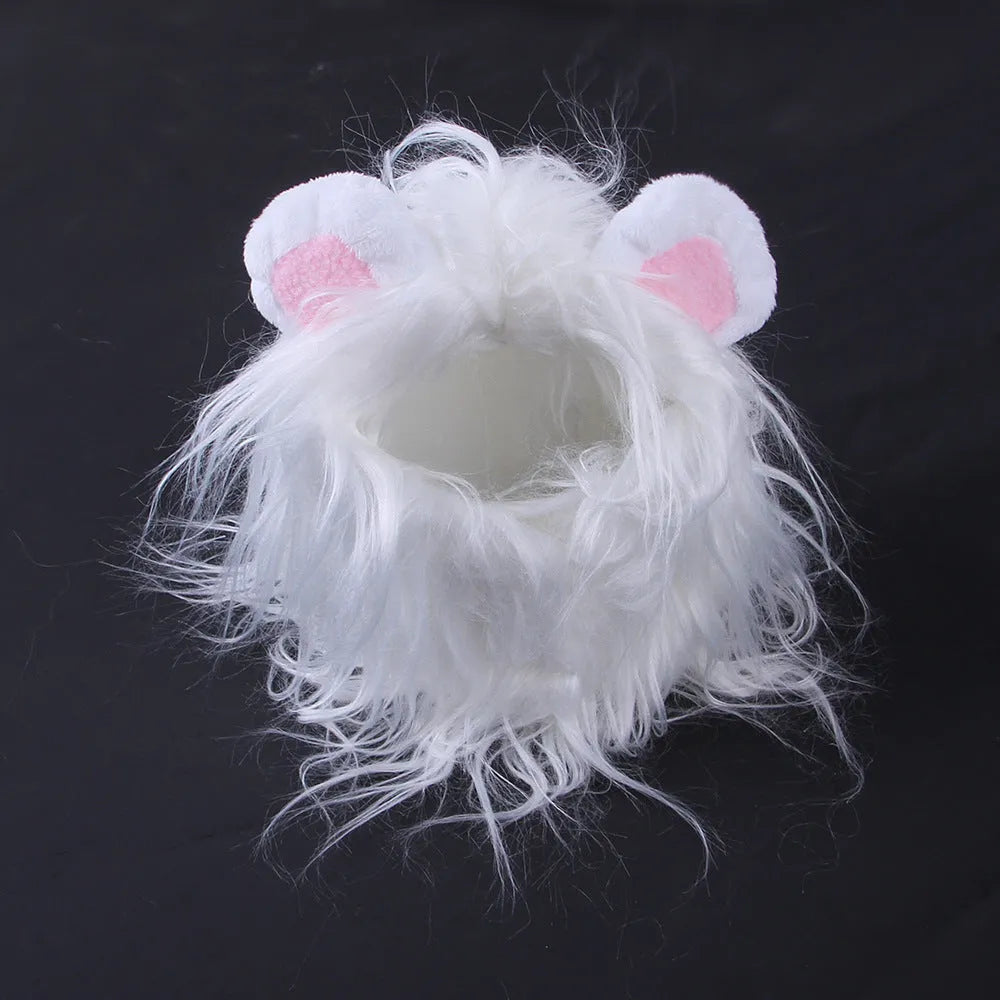 Black lion mane wig hat accessory on a cat's head with adjustable elastic strap