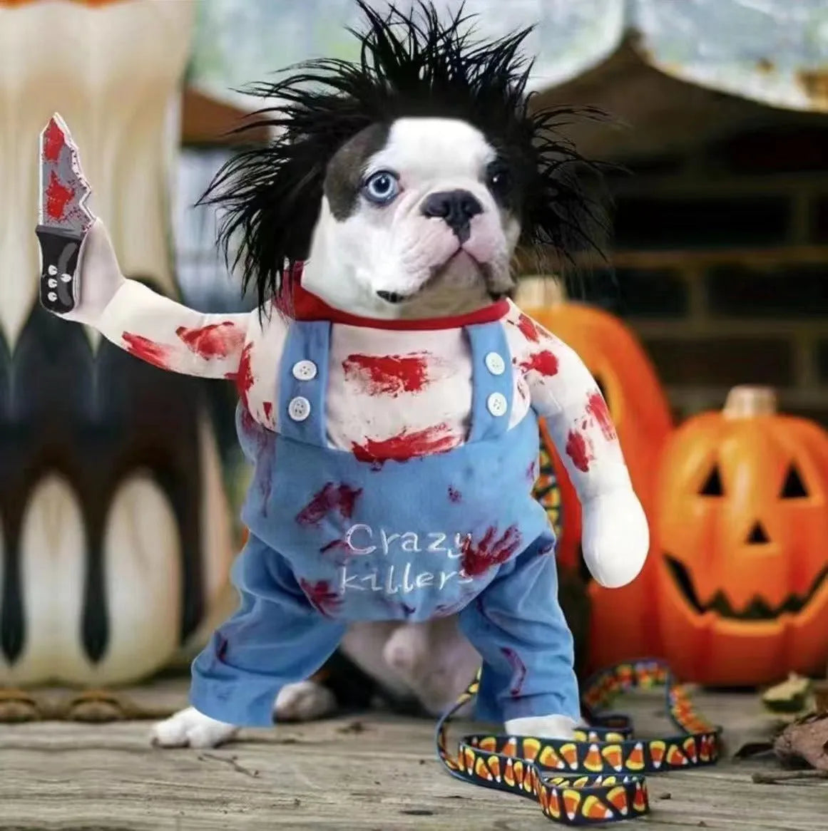 Bloody doll pet costume for Halloween with sand carving patterns on polyester fabric