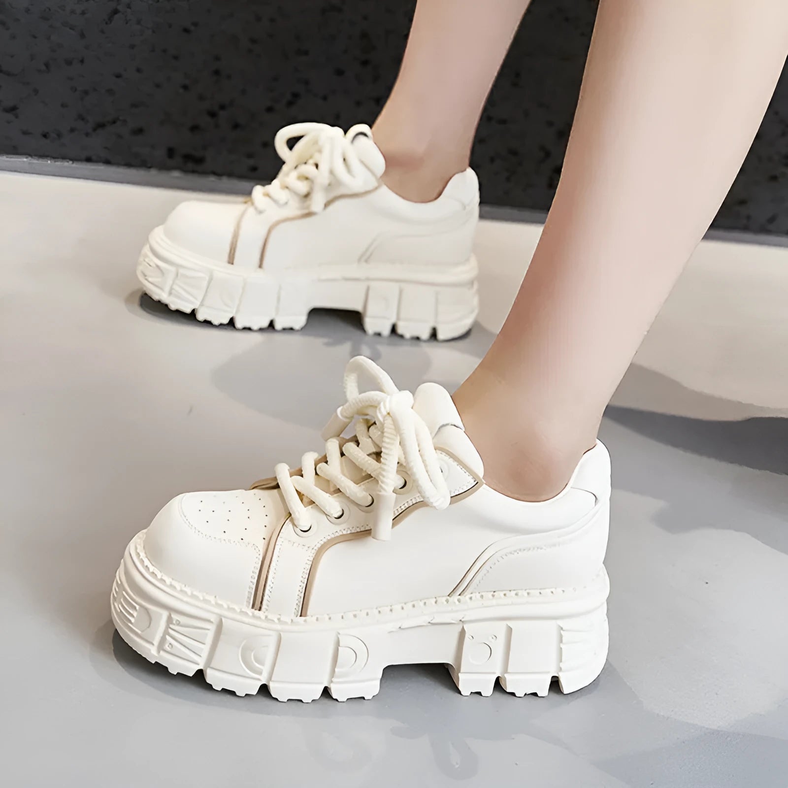 Beige and pink women's casual leather shoes with a spring muffin bottom design.