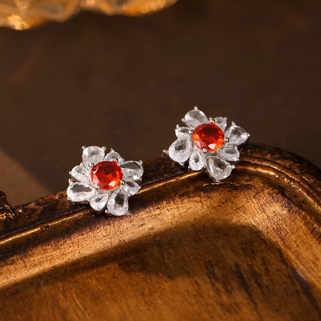 Retro women's silver earrings with pigeon red geometric design and white gold electroplated finish