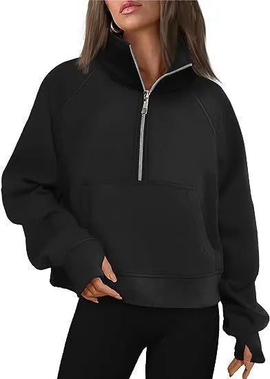 Women's loose lapel fleece-lined sweater in apricot colour with raglan sleeves