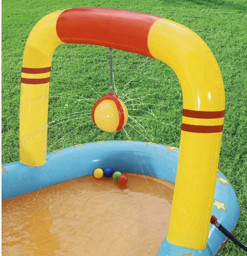 Inflatable PVC children's paddling pool 435x213x117cm in bowling water park design, deflated on grass
