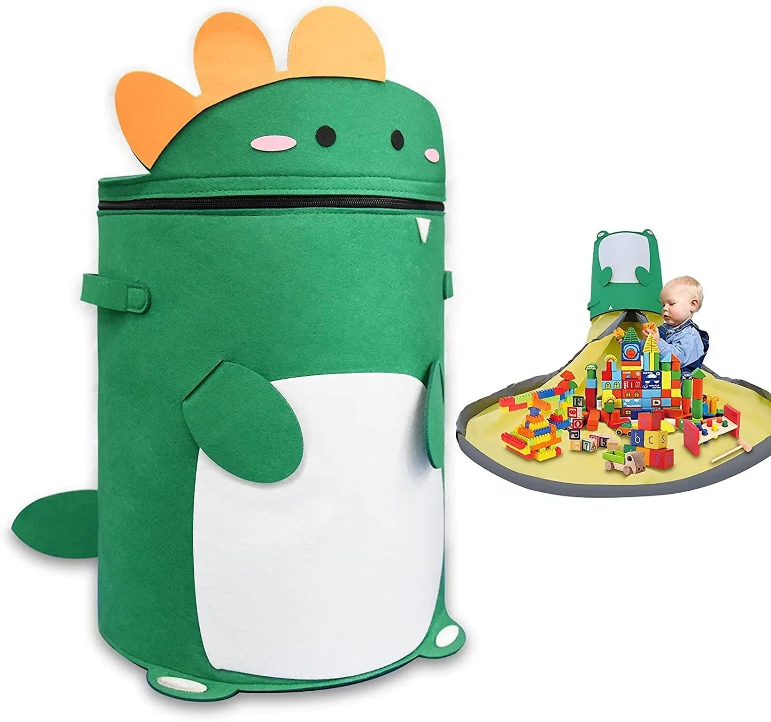 Green felt cube-shaped toy storage bag opened flat as a play mat next to toys, showing pull rope.
