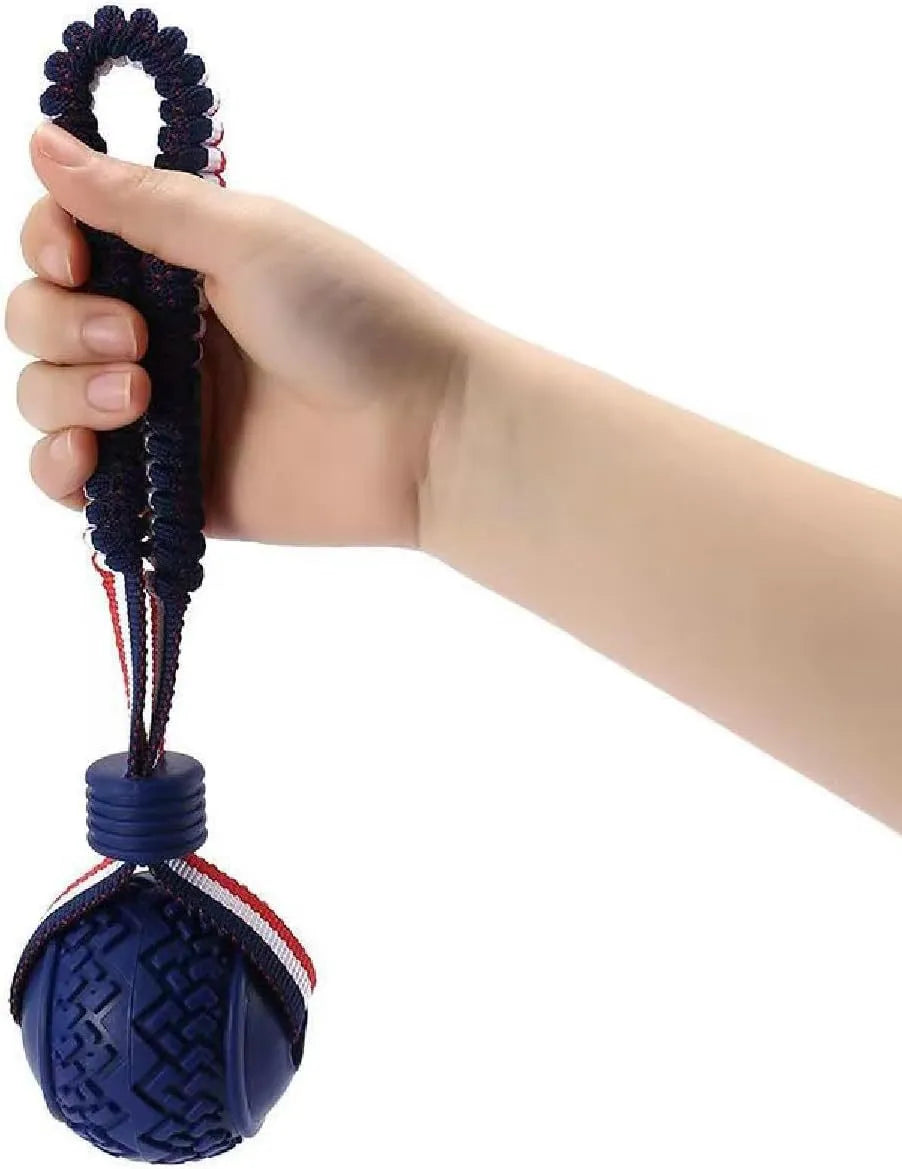 Blue and red natural rubber dog ball attached to a rope for tug-of-war and teeth cleaning.