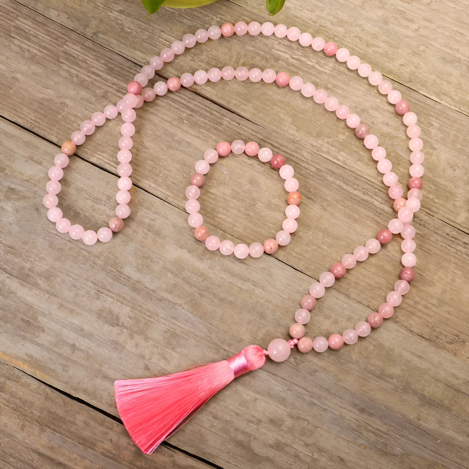 Adjustable stone bead yoga necklace and matching bracelet set with long fringe crystal drop pendant.
