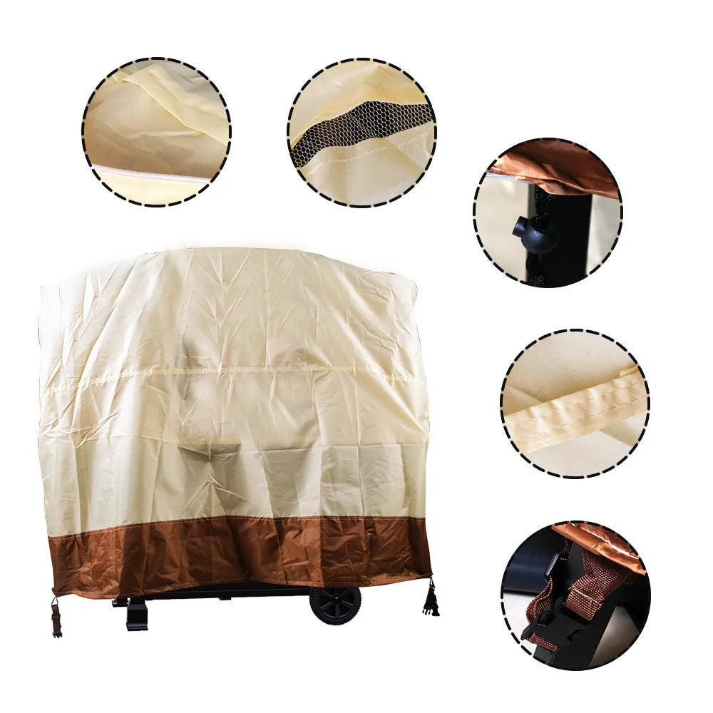 Beige polyester outdoor barbecue cover shown in a Nordic style, with size options available.