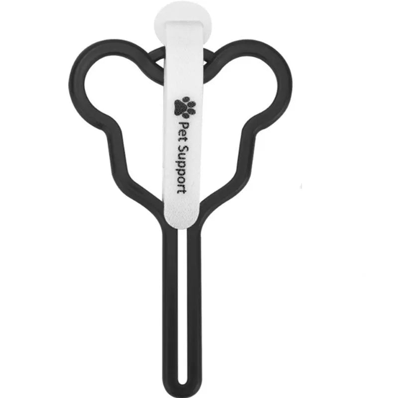 A coloured dog poop bag holder with a Velcro strap attached to a dog lead.