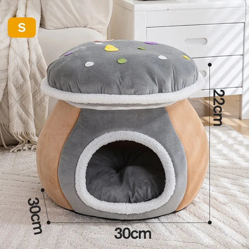 Grey plush mushroom-shaped cat bed with a detachable blanket inside a pet cage.