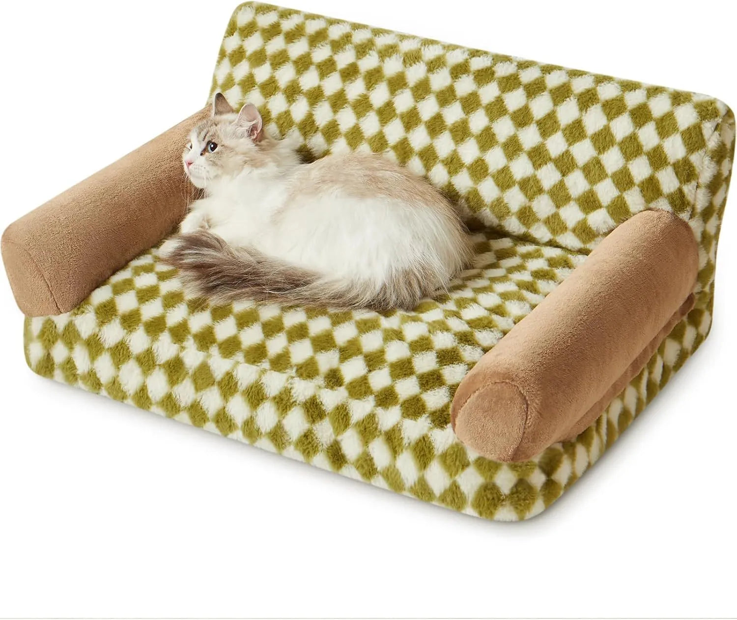 Small grey checkered pet sofa bed with a non-slip base and removable cover.
