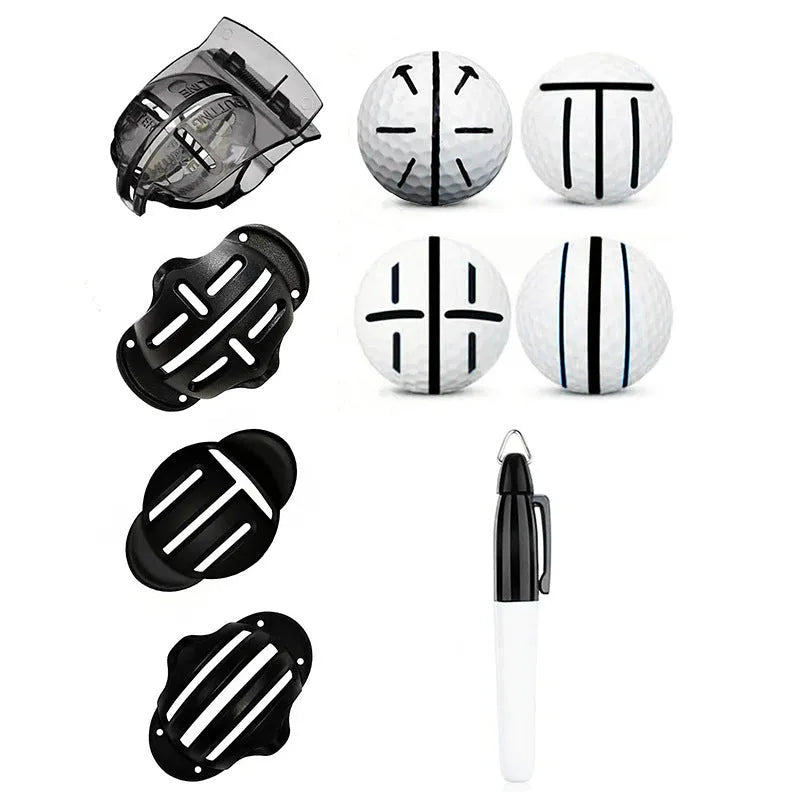 Golf putter alignment training tool set with plastic scribers and a drawing pen