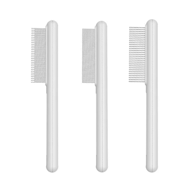Green and white stainless steel cat comb with rounded teeth for grooming and flea removal