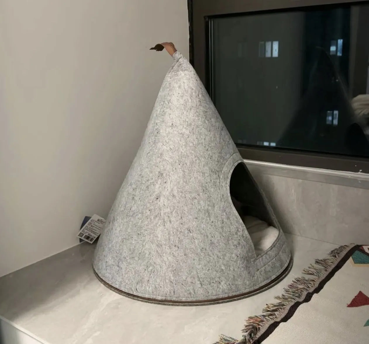 Grey handmade felt cone cat house with enclosed tent design measuring 50cm