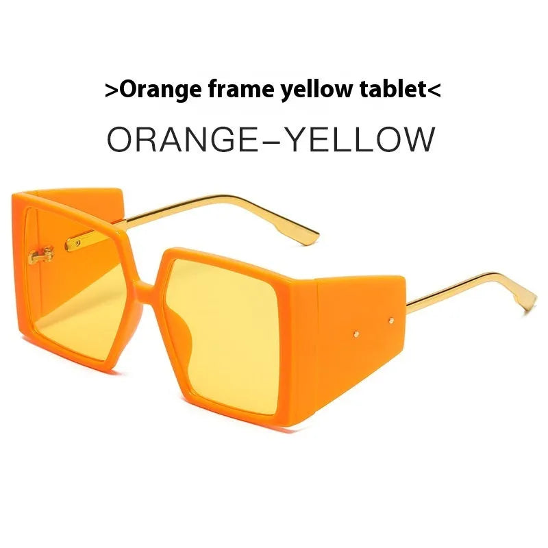 A pair of large square frame sunglasses in a selection of colours including black, blue, and champagne.