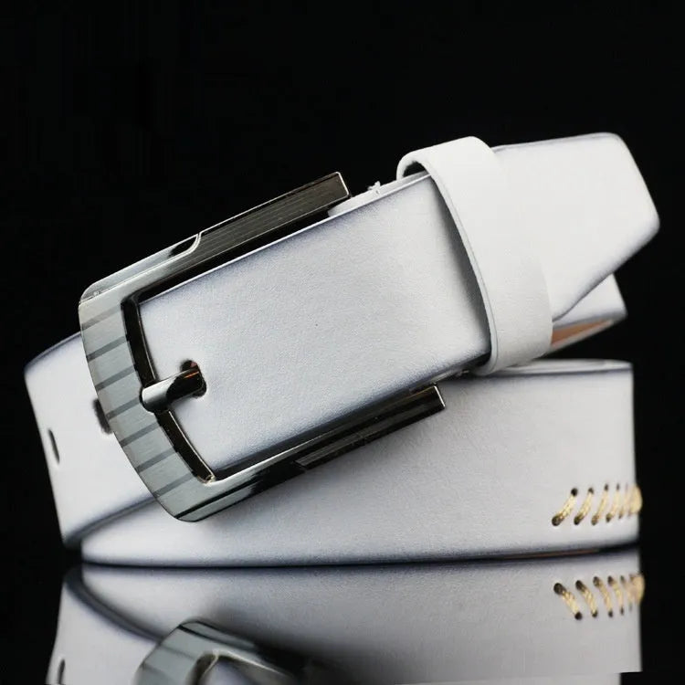 Men's black imitation leather belt with silver alloy pin buckle on a white background.