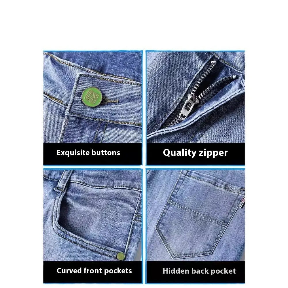 Tapered thin stretch denim trousers for business casual wear in light blue, gray, blue gray, and black.