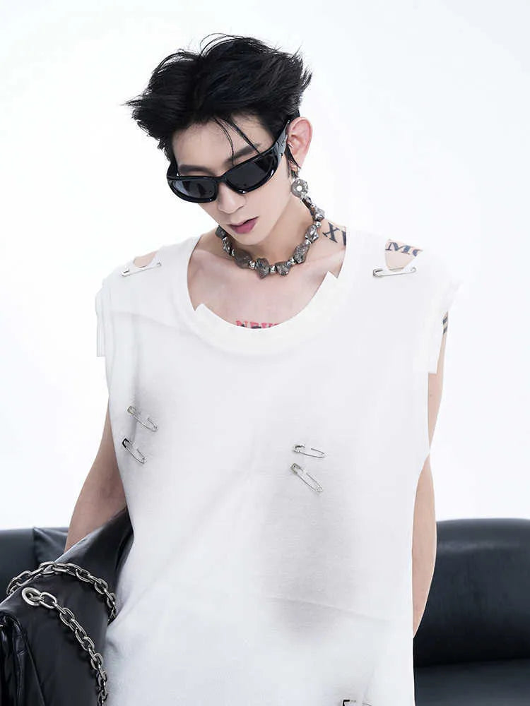 Men's black sleeveless waistcoat vest with irregular cutting and ripped design details