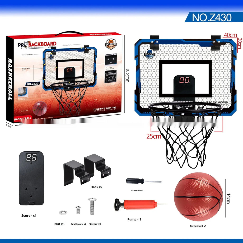 Red folding basketball frame with suction cup mount showing 400x300mm parallel panels and 16cm ball