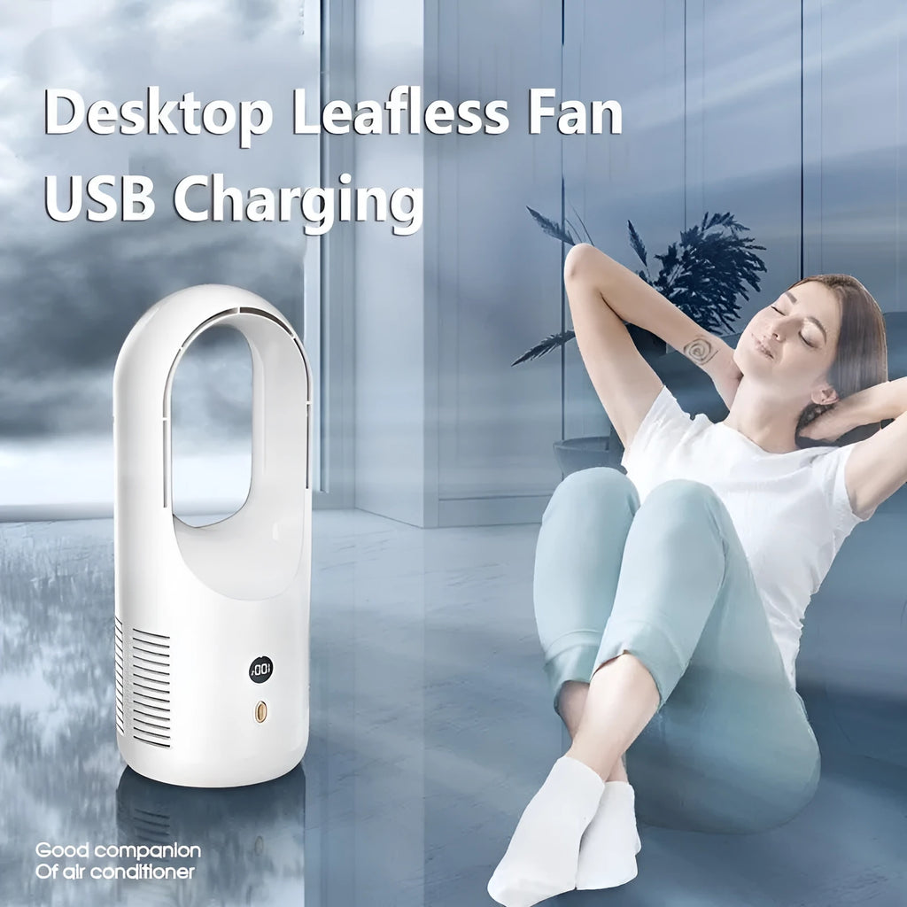White bladeless electric desk fan with LED display on a desk, showing portable USB rechargeable design.