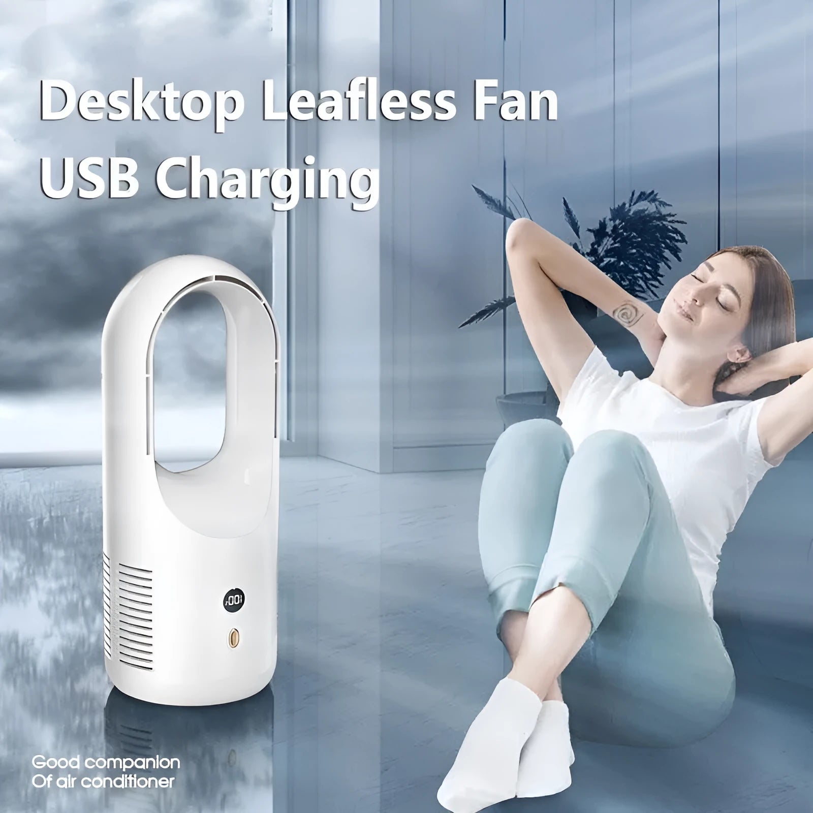 White bladeless electric desk fan with LED display on a desk, showing portable USB rechargeable design.